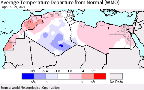 North Africa Average Temperature Departure from Normal (WMO) Thematic Map For 4/15/2024 - 4/21/2024