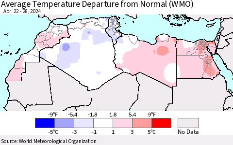 North Africa Average Temperature Departure from Normal (WMO) Thematic Map For 4/22/2024 - 4/28/2024