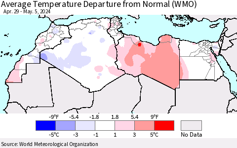North Africa Average Temperature Departure from Normal (WMO) Thematic Map For 4/29/2024 - 5/5/2024