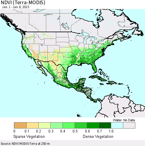North America NDVI (Terra-MODIS) Thematic Map For 1/1/2023 - 1/8/2023