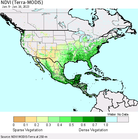North America NDVI (Terra-MODIS) Thematic Map For 1/9/2023 - 1/16/2023