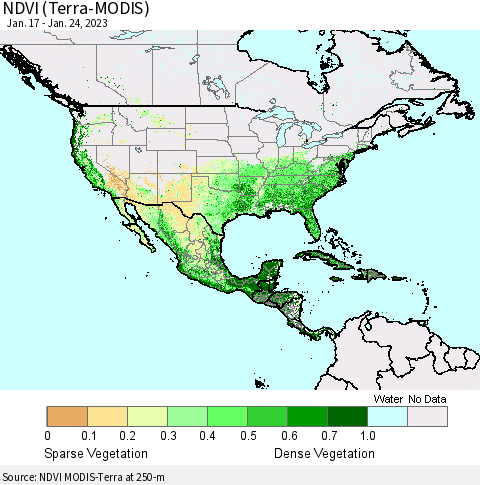 North America NDVI (Terra-MODIS) Thematic Map For 1/17/2023 - 1/24/2023