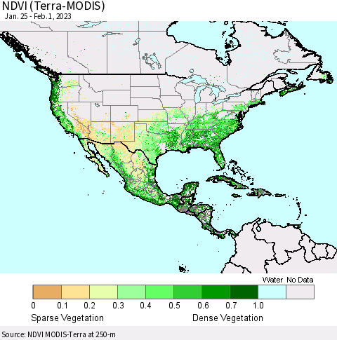 North America NDVI (Terra-MODIS) Thematic Map For 1/25/2023 - 2/1/2023