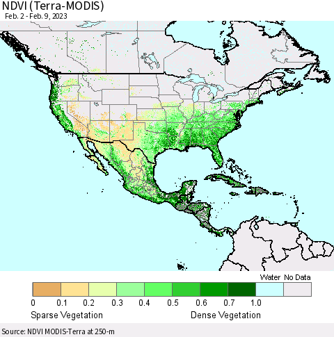 North America NDVI (Terra-MODIS) Thematic Map For 2/2/2023 - 2/9/2023