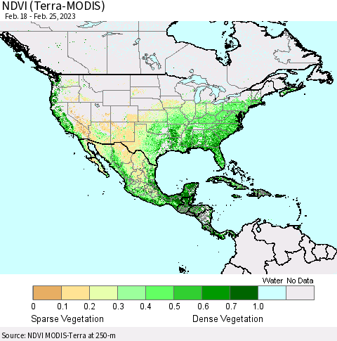 North America NDVI (Terra-MODIS) Thematic Map For 2/18/2023 - 2/25/2023