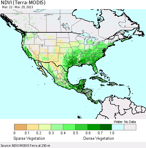 North America NDVI (Terra-MODIS) Thematic Map For 3/22/2023 - 3/29/2023