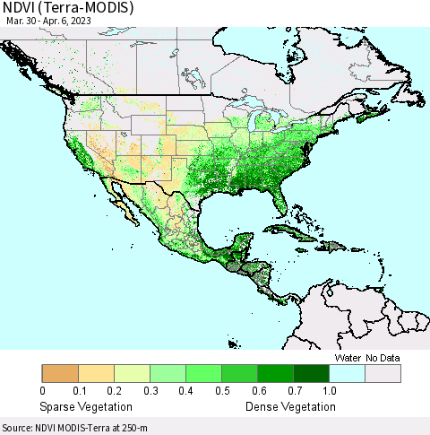 North America NDVI (Terra-MODIS) Thematic Map For 3/30/2023 - 4/6/2023