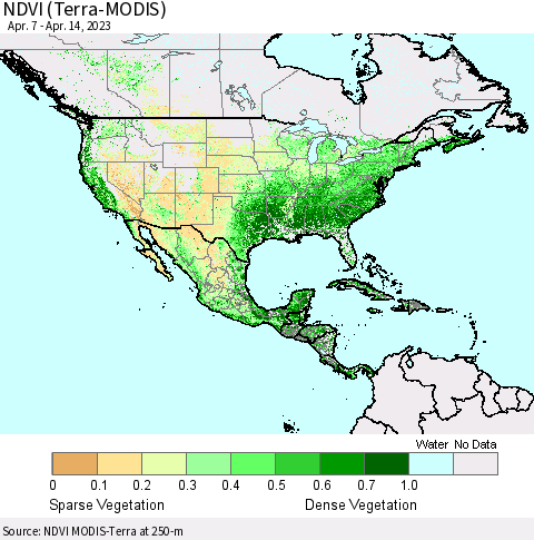 North America NDVI (Terra-MODIS) Thematic Map For 4/7/2023 - 4/14/2023