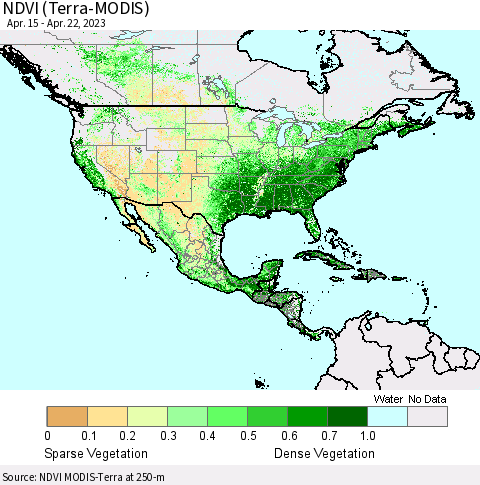 North America NDVI (Terra-MODIS) Thematic Map For 4/15/2023 - 4/22/2023