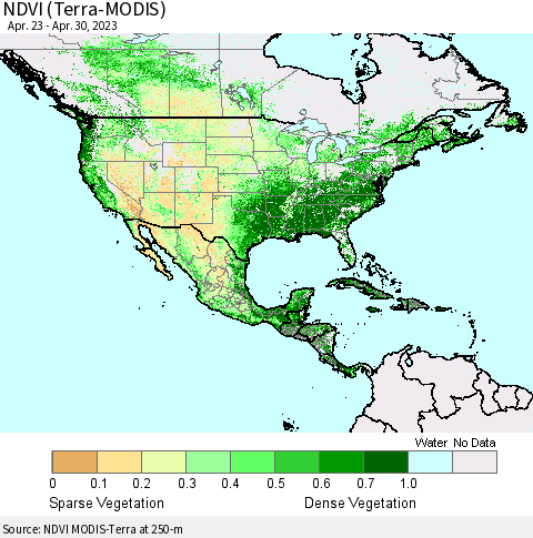 North America NDVI (Terra-MODIS) Thematic Map For 4/23/2023 - 4/30/2023