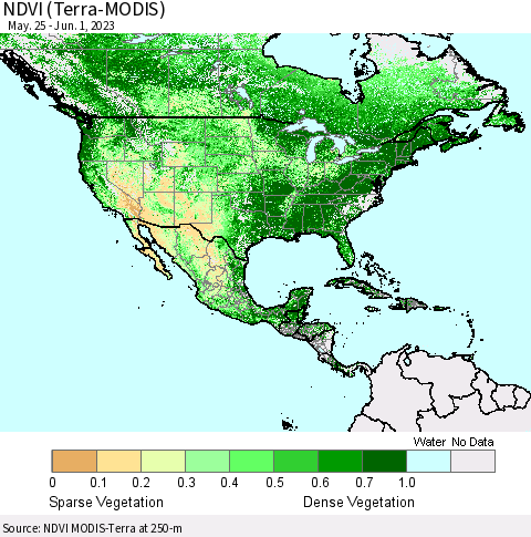 North America NDVI (Terra-MODIS) Thematic Map For 5/25/2023 - 6/1/2023