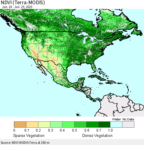 North America NDVI (Terra-MODIS) Thematic Map For 6/18/2023 - 6/25/2023