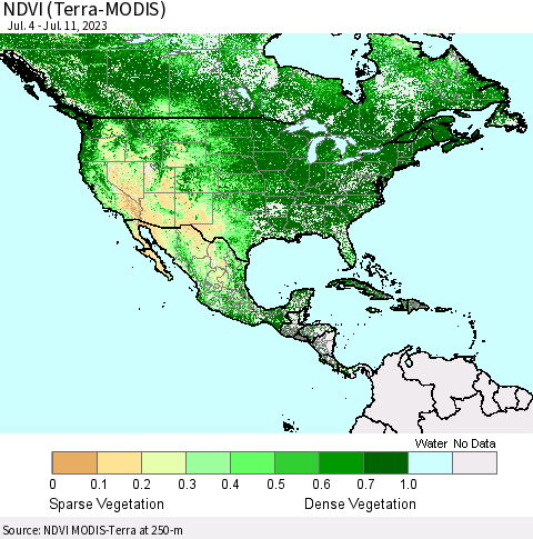 North America NDVI (Terra-MODIS) Thematic Map For 7/4/2023 - 7/11/2023