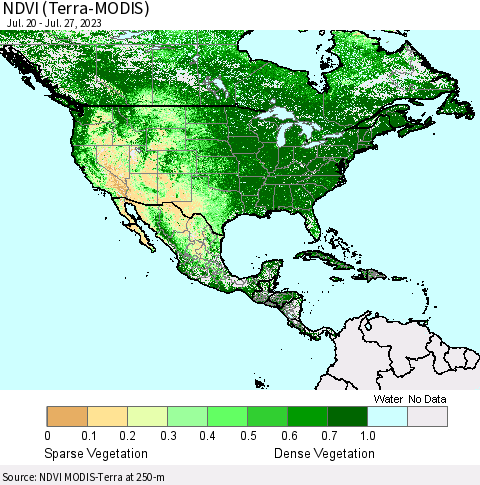 North America NDVI (Terra-MODIS) Thematic Map For 7/20/2023 - 7/27/2023