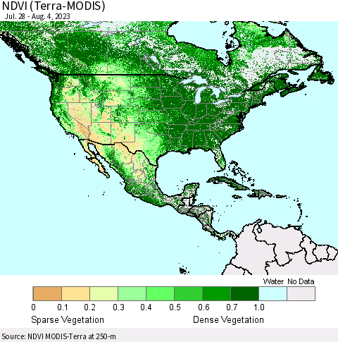 North America NDVI (Terra-MODIS) Thematic Map For 7/28/2023 - 8/4/2023