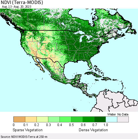 North America NDVI (Terra-MODIS) Thematic Map For 8/13/2023 - 8/20/2023