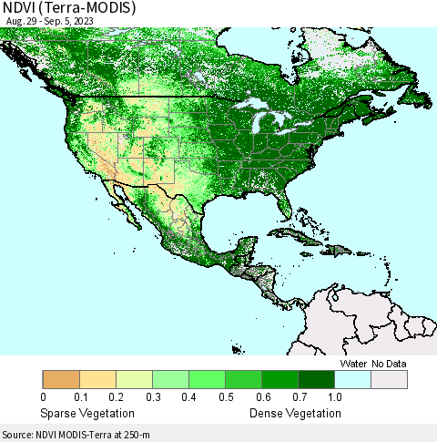 North America NDVI (Terra-MODIS) Thematic Map For 8/29/2023 - 9/5/2023