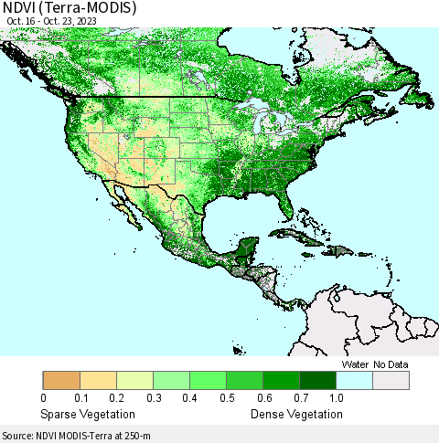 North America NDVI (Terra-MODIS) Thematic Map For 10/16/2023 - 10/23/2023