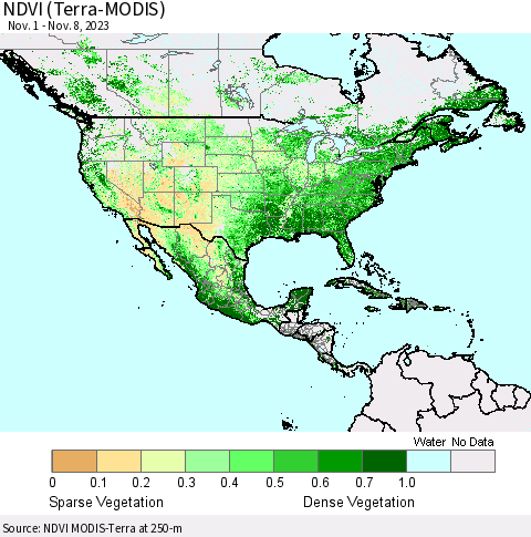 North America NDVI (Terra-MODIS) Thematic Map For 11/1/2023 - 11/8/2023