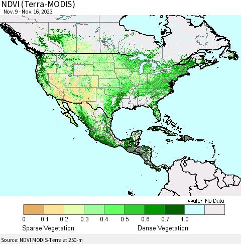 North America NDVI (Terra-MODIS) Thematic Map For 11/9/2023 - 11/16/2023