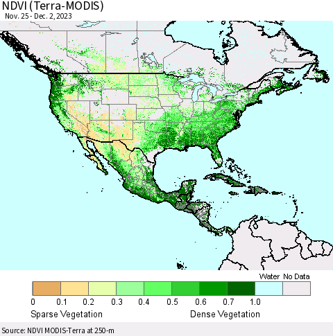 North America NDVI (Terra-MODIS) Thematic Map For 11/25/2023 - 12/2/2023