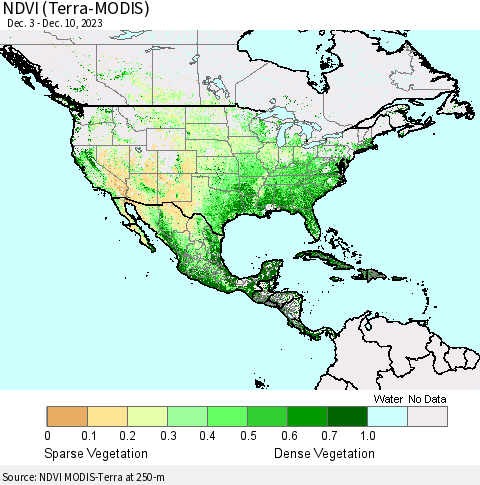 North America NDVI (Terra-MODIS) Thematic Map For 12/3/2023 - 12/10/2023
