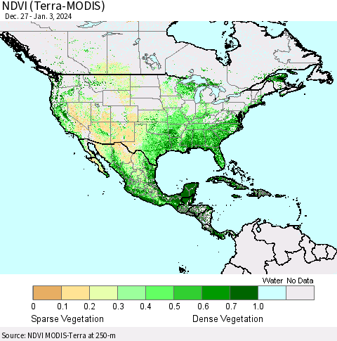 North America NDVI (Terra-MODIS) Thematic Map For 12/27/2023 - 1/3/2024
