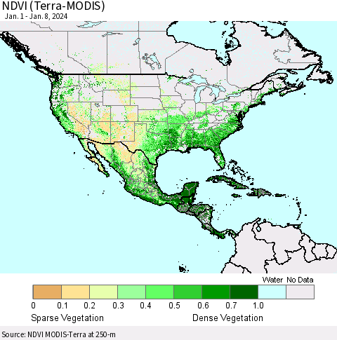 North America NDVI (Terra-MODIS) Thematic Map For 1/1/2024 - 1/8/2024