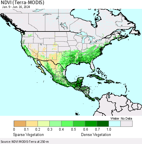 North America NDVI (Terra-MODIS) Thematic Map For 1/9/2024 - 1/16/2024