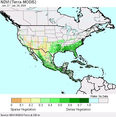 North America NDVI (Terra-MODIS) Thematic Map For 1/17/2024 - 1/24/2024