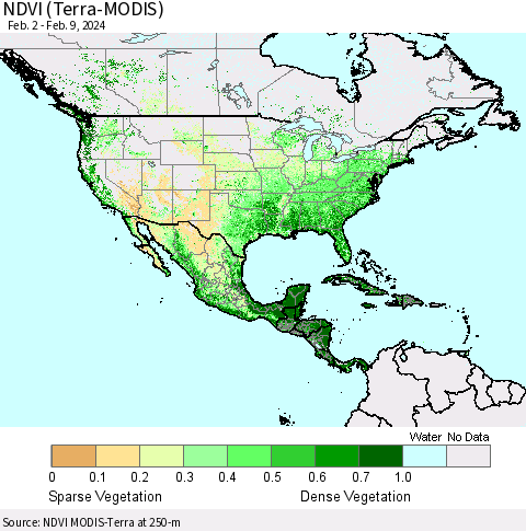 North America NDVI (Terra-MODIS) Thematic Map For 2/2/2024 - 2/9/2024