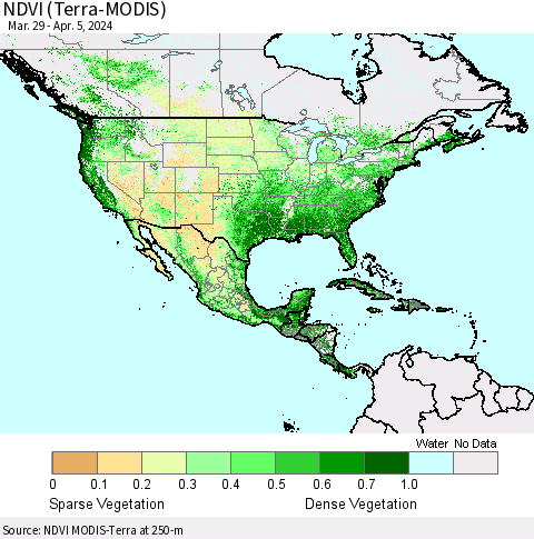 North America NDVI (Terra-MODIS) Thematic Map For 3/29/2024 - 4/5/2024
