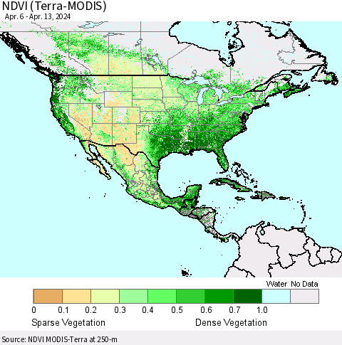 North America NDVI (Terra-MODIS) Thematic Map For 4/6/2024 - 4/13/2024