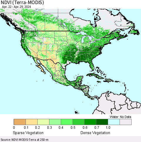 North America NDVI (Terra-MODIS) Thematic Map For 4/22/2024 - 4/29/2024