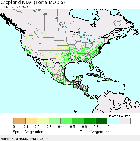 North America Cropland NDVI (Terra-MODIS) Thematic Map For 1/1/2023 - 1/8/2023