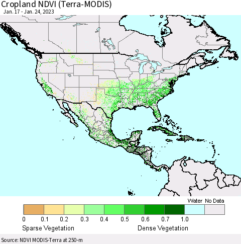 North America Cropland NDVI (Terra-MODIS) Thematic Map For 1/17/2023 - 1/24/2023