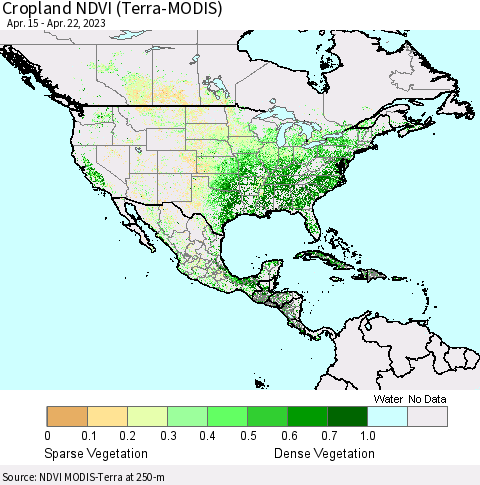 North America Cropland NDVI (Terra-MODIS) Thematic Map For 4/15/2023 - 4/22/2023