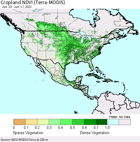 North America Cropland NDVI (Terra-MODIS) Thematic Map For 6/10/2023 - 6/17/2023