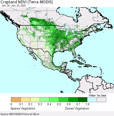 North America Cropland NDVI (Terra-MODIS) Thematic Map For 6/18/2023 - 6/25/2023