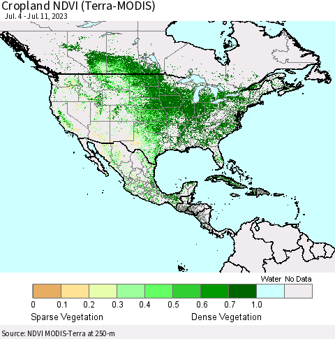 North America Cropland NDVI (Terra-MODIS) Thematic Map For 7/4/2023 - 7/11/2023