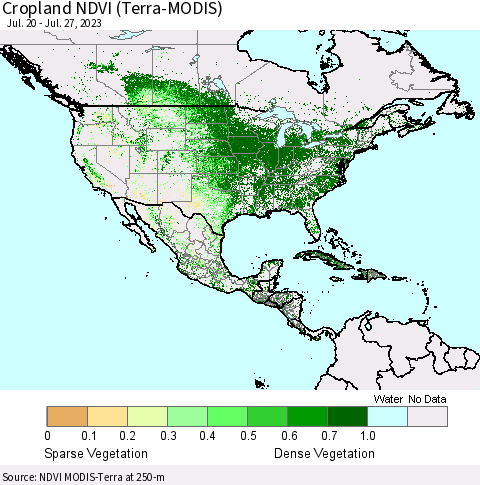 North America Cropland NDVI (Terra-MODIS) Thematic Map For 7/20/2023 - 7/27/2023