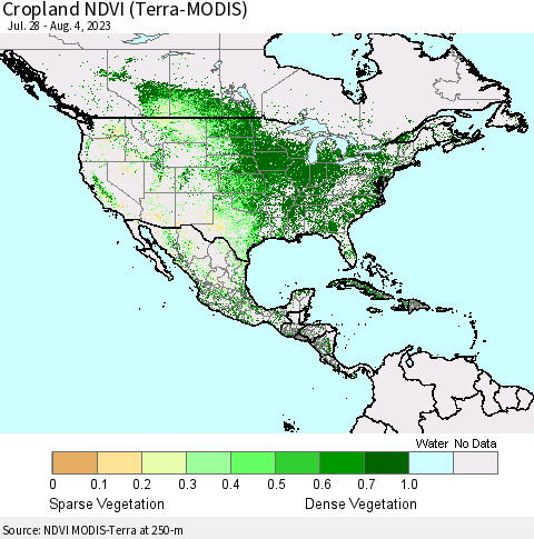 North America Cropland NDVI (Terra-MODIS) Thematic Map For 7/28/2023 - 8/4/2023