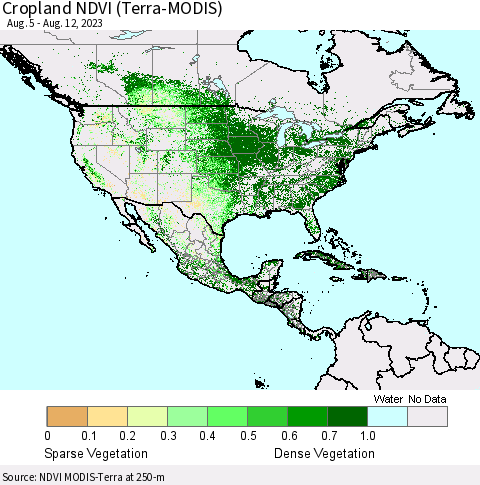 North America Cropland NDVI (Terra-MODIS) Thematic Map For 8/5/2023 - 8/12/2023