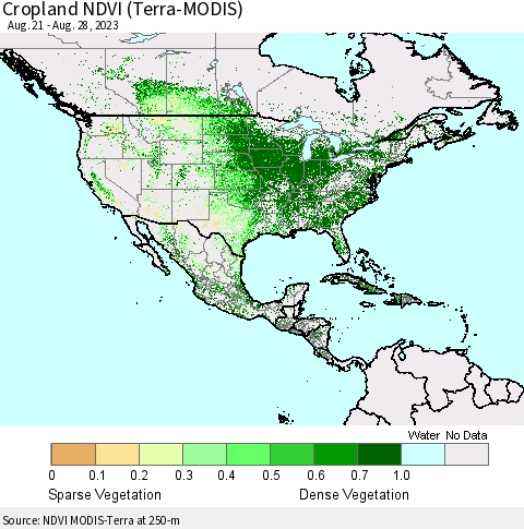 North America Cropland NDVI (Terra-MODIS) Thematic Map For 8/21/2023 - 8/28/2023