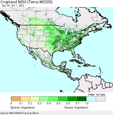 North America Cropland NDVI (Terra-MODIS) Thematic Map For 9/30/2023 - 10/7/2023