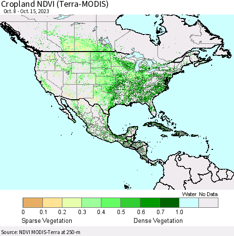 North America Cropland NDVI (Terra-MODIS) Thematic Map For 10/8/2023 - 10/15/2023