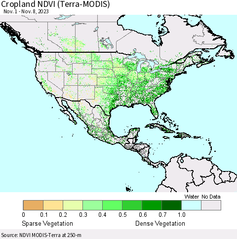 North America Cropland NDVI (Terra-MODIS) Thematic Map For 11/1/2023 - 11/8/2023