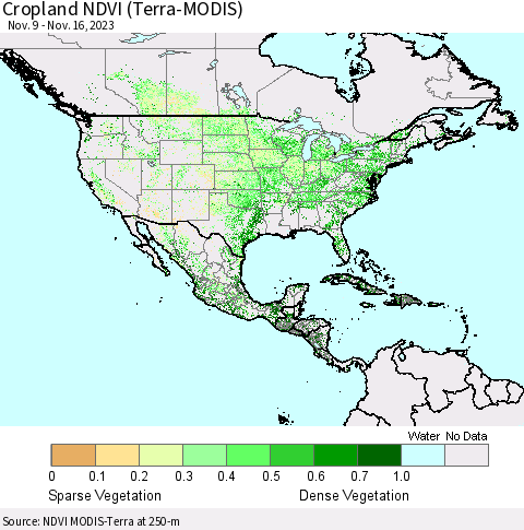 North America Cropland NDVI (Terra-MODIS) Thematic Map For 11/9/2023 - 11/16/2023