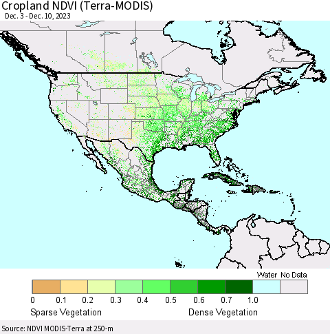 North America Cropland NDVI (Terra-MODIS) Thematic Map For 12/3/2023 - 12/10/2023