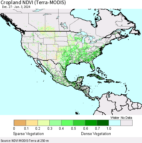North America Cropland NDVI (Terra-MODIS) Thematic Map For 12/27/2023 - 1/3/2024